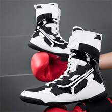 Men's Professional Wrestling Shoes, High-Top Competition Training Shoes, Wrestling Shoes & Fitness Boots, Colorful Patchwork Sports Shoes, Synthetic Leather & Mesh Material, Indoor Fitness Non-Slip Boxing Training Shoes, Suitable For All Seasons, Size: 39-48 - Black and White - View 14
