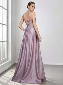 NIKBK Purple Halter-Neck Pearl And Rhinestone Gown, Satin Fitted Maxi Skirt, Formal Evening Party Dress - Dusty Pink - View 2