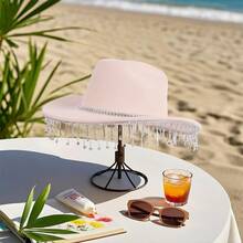 Women Men Wide Brim Cowgirl Hat Rhinestone Tassel Decor Wool Hat Felt Jazz Cap For Party