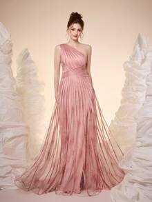 Mgiacy,New Arrival,Shoulder Slant, Printed Mesh, Pull TAB, Front And Bottom Split, Large Swing, High-End, Evening Dress,For,Dinner Parties - Pink - View 1