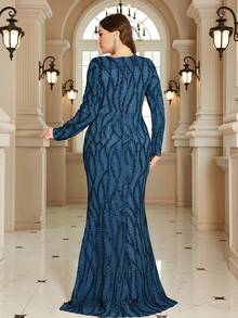 XUIBOL 高品质弹力优雅亮片拼接超修身加大码 V 领晚会鸡尾酒会婚礼周年家庭正式庆典新娘送礼会生日庆祝短袖奢华庄重新娘母亲礼服（重度装饰） - 水鴨藍 - 查看 3