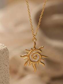 1pc Minimalist 18K Gold Plated Stainless Steel Sunburst Pendant Necklace, Spiral Pendant Jewelry Choker, Suitable For Summer Wear ZMHE - Bạc - Xem 2