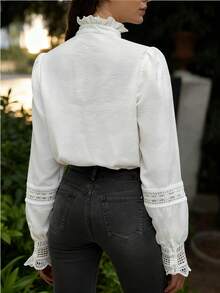 Plus Size Women's Blouse, Solid Color Lace Patchwork Button Fashion Long Sleeves Shirt For Spring - White - View 3