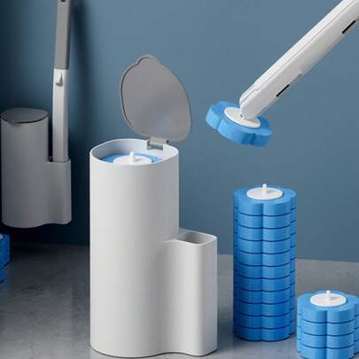 1 Juego de cepillo de limpieza de inodoro desechable, sistema de limpieza de baño. Diseñado con cabezales de cepillo reemplazables para un uso talla grande higiénico, incluye 3 cabezales de cepillo reemplazables con aroma. Este sistema de limpieza de inodoro viene con un estuche de almacenamiento, y los cabezales del cepillo son disolubles.