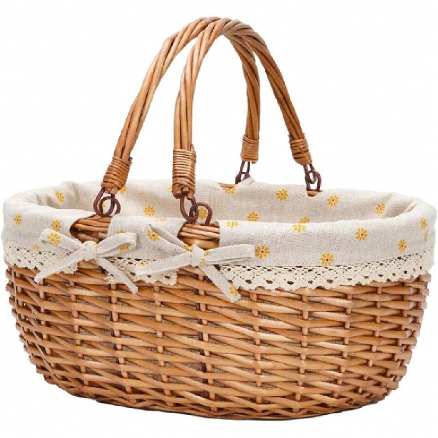 Wicker Picnic Basket With Double Folding Handles,Willow Picnic Hamper,Natural Hand Woven Easter Basket,Easter Eggs And Candy Basket,Bath Toy And Toy Storage,Gift Packing Basket.Yellow,24515597 - 黃色 - 查看 1