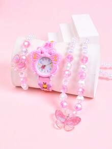 3pcs/Set Creative Movable Butterfly Quartz Watch, Children's Watch, Luxury Acrylic Princess Necklace & Bracelet Jewelry Set, Gift For Girls - Pink - View 4