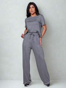 Women's Comfort Casual Sweatshirt Set - 灰色 - 查看 2