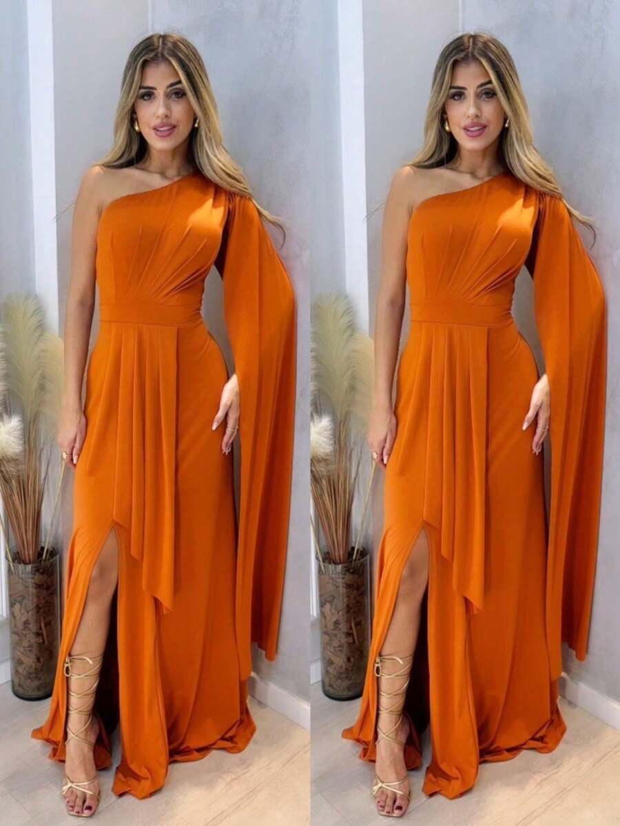 Women's Amsterdam Long Slit One Sleeve Long Cape Dress Solid Color Fashion Elegant Party - 橘色 - 查看 1