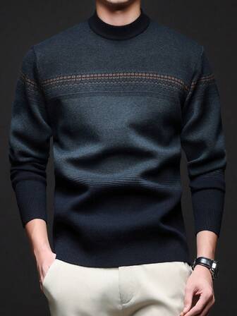 Men Striped Crew Neck Casual Minimalist Design Thick Knit Sweater, Winter, Long Sleeve Top