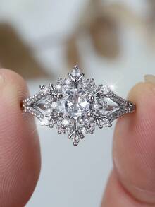 1 chiếc nhẫn Cubic Zirconia mạ K màu trắng thanh lịch thiết kế hình bông tuyết trắng dành cho nữ, thích hợp cho Giáng sinh, tiệc tùng, đeo hàng ngày, mọi mùa - trắng - Xem 1