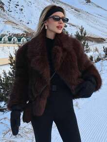 Women's Casual Everyday Loose Fit Round Neck Open Front Fuzzy Jacket, Autumn/Winter - Brown - View 1