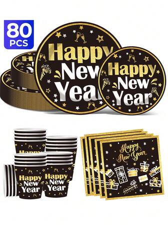 [New Arrivals For New Years]Black Gold New Year Happy Theme 20/40/50/60/80/100 Disposable Tableware Set, Including 7-Inch Paper Plates, 9-Inch Cardboard, 9-Ounce Cups, Napkins, Suitable For Daily Gatherings, Birthday Parties, Bridal Showers, Baby Showers, Clubs, Weddings, Tea Parties, Picnics, Outdoor Outings, And Themed Parties.