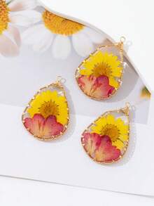 3pcs Teardrop Resin Dried Flower Wrapped Copper Wire Earrings, Necklace, Bag Decoration DIY Pendant