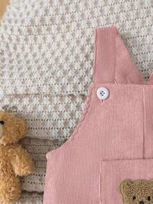 女婴灯芯绒熊图案背带裤，带口袋，休闲舒适工装裤 - 藕粉色 - 查看 2