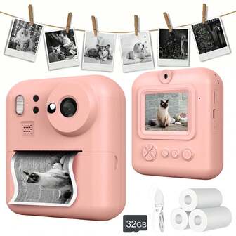 这款可爱的粉色青少年数码相机具备即时打印、自拍和视频拍摄功能。它采用 USB 充电，配备 2.4 英寸屏幕、1080P 高清数码相机、4800 万像素摄像头、两种打印模式以及各种可打印贴纸。产品包含一个 USB 充电器和三卷相纸。它是万圣节、圣诞节或生日的理想礼物，非常适合青少年。
