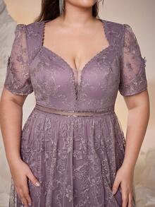 新款Ampoket V领长袖刺绣蕾丝开衩晚礼服，适合舞会、婚礼、派对、婚礼宾客等场合，也可作为晚礼服（非定位款），适合情人节春季穿着。 - 藕粉色 - 查看 6