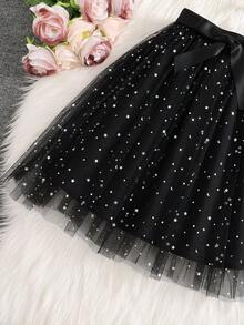 Tween Girls' Summer Star Print Bow Decor Mesh Skirt - Black - View 6