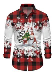 Męska koszula z długim rękawem w stylu bożonarodzeniowym, w czerwono-czarną kratę, z nadrukiem w płatki śniegu, bałwana i krasnala, swobodna koszula z kołnierzykiem typu "knock down" zapinana na guziki, styl na imprezę świąteczną, jesień/wiosna - Wielokolorowe - Zobacz 11