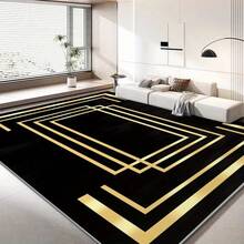 1pc Black Velvet Carpet With Golden Lines, Suitable For Living Room, Dining Room, Bedroom, Study, Available In Multiple Sizes - màu đen - Xem 1