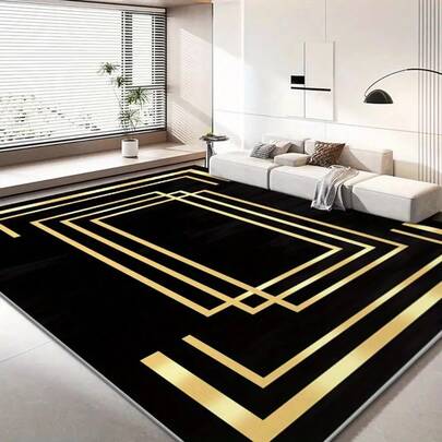 1pc Black Velvet Carpet With Golden Lines, Suitable For Living Room, Dining Room, Bedroom, Study, Available In Multiple Sizes