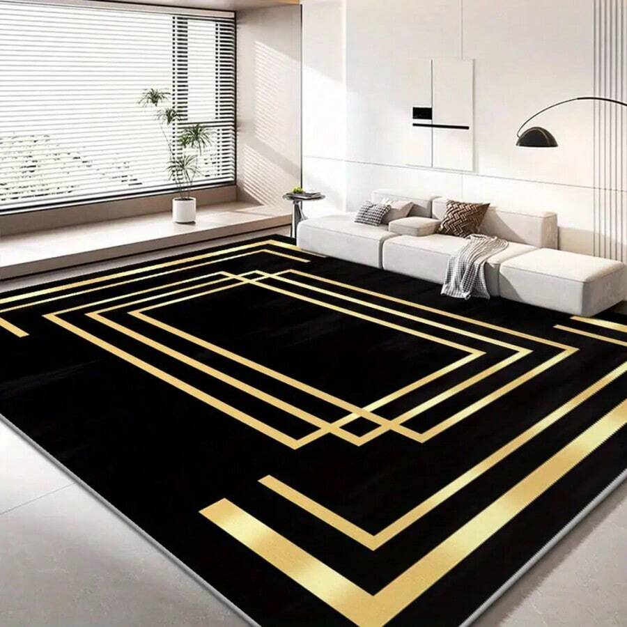 1pc Black Velvet Carpet With Golden Lines, Suitable For Living Room, Dining Room, Bedroom, Study, Available In Multiple Sizes - 黑色 - 查看 1