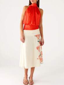 Women's Halter Pleated Chiffon Tank Top Sleeveless Neckline Tie-Up Open Back Tie Casual Blouses 2025 Summer Tops - 橘色 - 查看 6