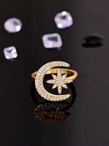 1 Pc Stylish And Elegant 24K Gold Plated Sun And Moon Ring For Women.2025 Middle East European And American Zirconia Sun And Moon Rings, Seiko High-Quality  Adjustable Openning Ring. Perfect For Birthday, Valentine's Day.Gift For Daughter, Friend, Mother. Suitable For Business/Casual/Daily Wear. - Sun and Moon - View 9