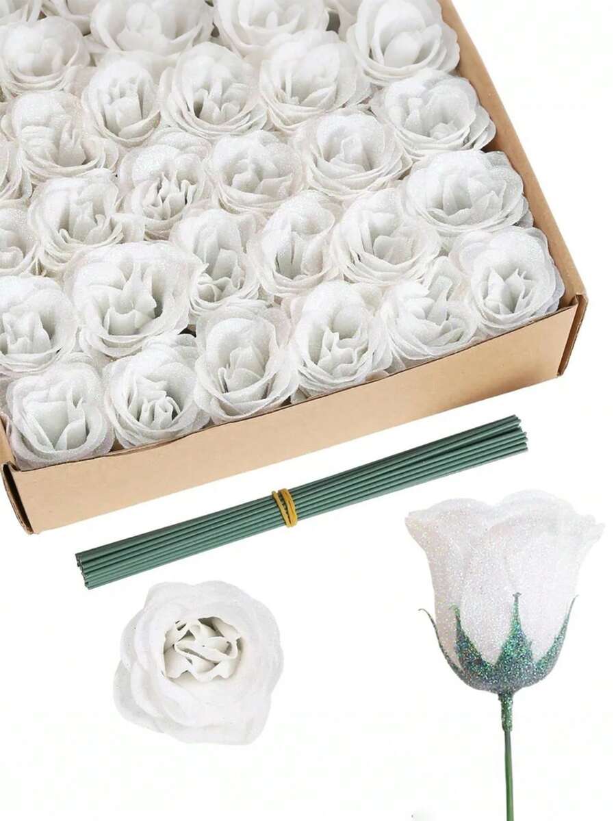 MEHELANY 20/5支人造金粉色玫瑰花含莖，亮片裝飾玫瑰DIY人造花，適用於手工藝、婚禮花束、居家桌面裝飾、節日派對、情人節、母親節、春季裝飾、居家裝飾、生日禮物、房間裝飾、花園戶外裝飾