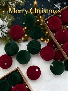 12 Pieces Of 8cm Velvet Christmas Balls, Wine Red/Dark Green Velvet Christmas Tree Pendant Decorations, Suitable For Christmas Festival Scene Decoration And Arrangement - Multicolor - View 1