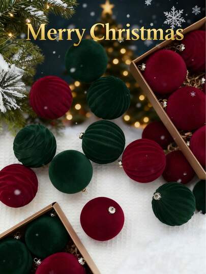 12 piezas de bolas de Navidad de terciopelo de 8 cm, adornos colgantes de árbol de Navidad de terciopelo rojo vino/verde oscuro, adecuados para la decoración y el arreglo de la escena del festival de Navidad