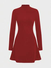 优雅休闲修身保暖高领长袖针织连衣裙 - 紅色 - 查看 2