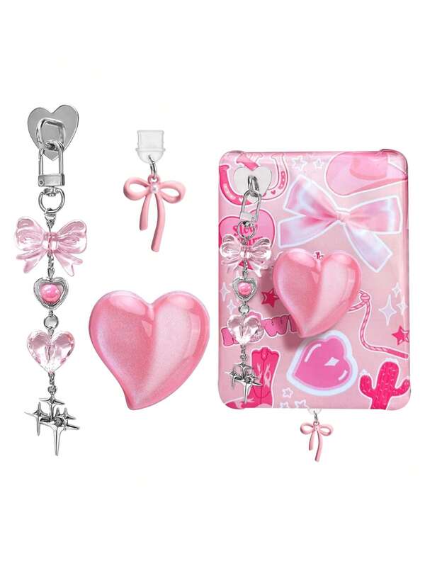 3 Stücke süßer Charm-Set für Kindle, inklusive Staubschutzstöpsel-Charm Typ C/USB C, Herz-Griff-Halter, glitzernde Schlüsselanhänger mit Haken für Kindle Zubehör, kompatibel mit Kindle Paperwhite 11. und 12. Generation - Pink