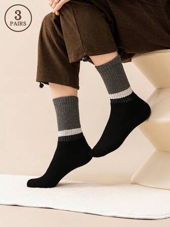 3 Pairs Men's Thick Wool Socks, Warm Autumn/Winter, Personalized Simple Black & Gray Plush Socks, Creative Contrast Stripe Mid-Calf Socks