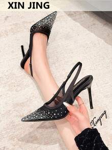 Xin Jing Shoes New Spring/Summer Women's High Heel Sandals, Fashion Versatile Pointed Toe Mesh Rhinestone Wedding Party Hollow Stilettos - Black - View 2