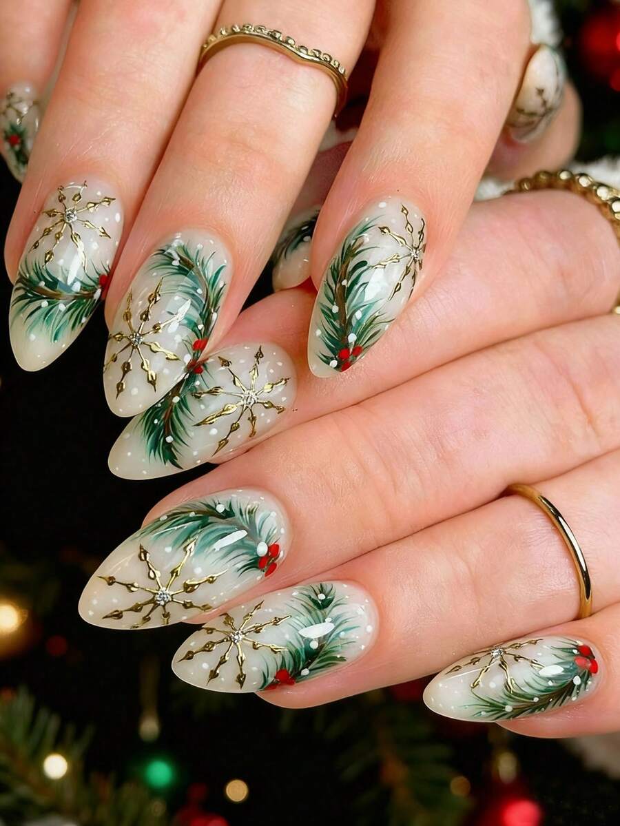 24 pezzi di unghie finte a mandorla di media lunghezza di stile natalizio, con decorazioni ad albero di Natale verde e fiocchi di neve dorati, in stile Y2K, set di unghie finte acriliche per ragazze e donne, decorazioni per salone di unghie per le vacanze