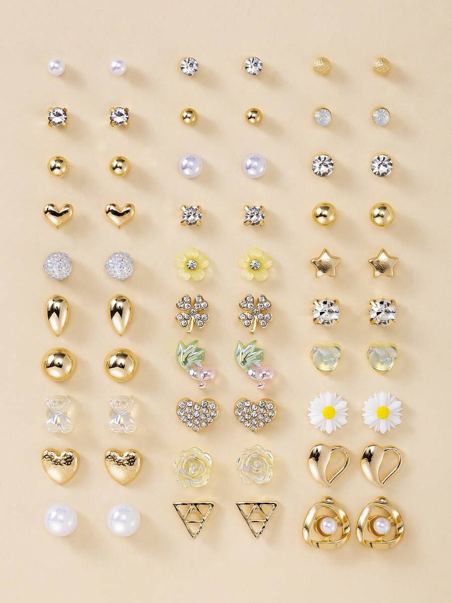 30 pares de pendientes de perla falsa de metal y resina con diseños de corazón, oso, rhinestone y margarita. Conjunto de pendientes de moda casual para mujer