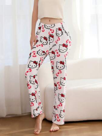 1件Hello Kitty官方女士法兰绒蓬松家居裤，饰有可爱卡通图案，适合冬季穿着，成人款。[柔软舒适，拍照必备]休闲柔软面料直筒裤，Hello Kitty裤，女士睡衣，舒适家居服，休闲舒适，趣味设计，保暖透气，睡衣裤
