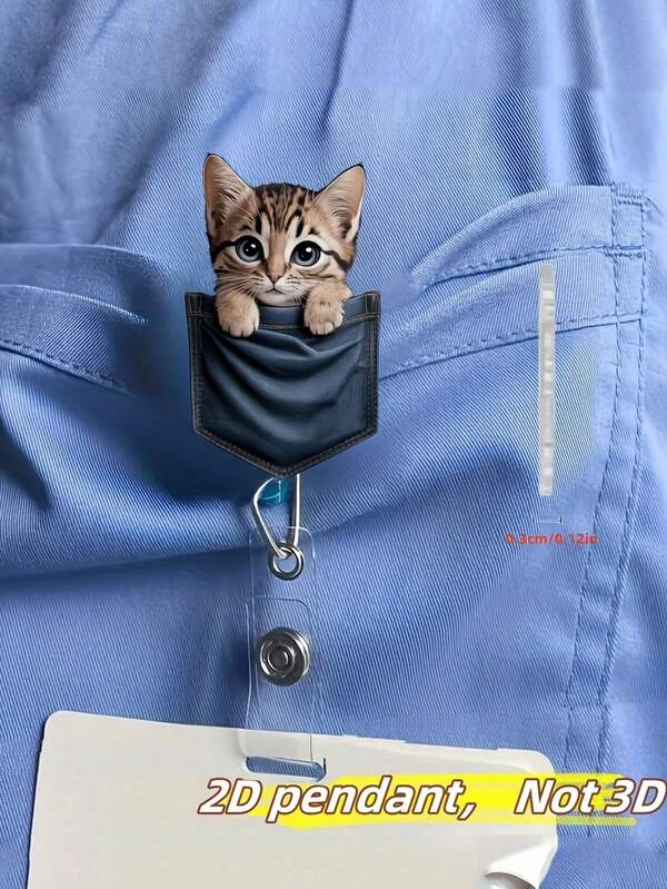1 pieza Soporte retráctil de identificación de acrílico con clip con bolsillo de denim vintage 2D plano y diseño lindo de gato, para enfermeras, estudiantes, médicos e internos