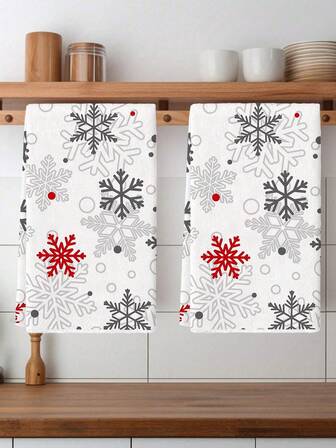 2 piezas Toallas de cocina con estampado de copos de nieve, toallas de mano de poliéster con patrón navideño, paños de cocina súper suaves tejidos, lavables a máquina, ideales para restaurante, cocina, decoración navideña y regalos