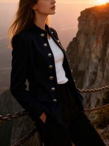 Elegant Double-Breasted Blazer For Women - Casual Work Jacket For Women. This Stylish Long-Sleeved Jacket In Black Polyester With Flap Pockets Is Perfect For The Office Or A Casual Chic Look. Work Jackets | Double-Breasted Jackets | Polyester Blazer - Màu xanh lam - Xem 3