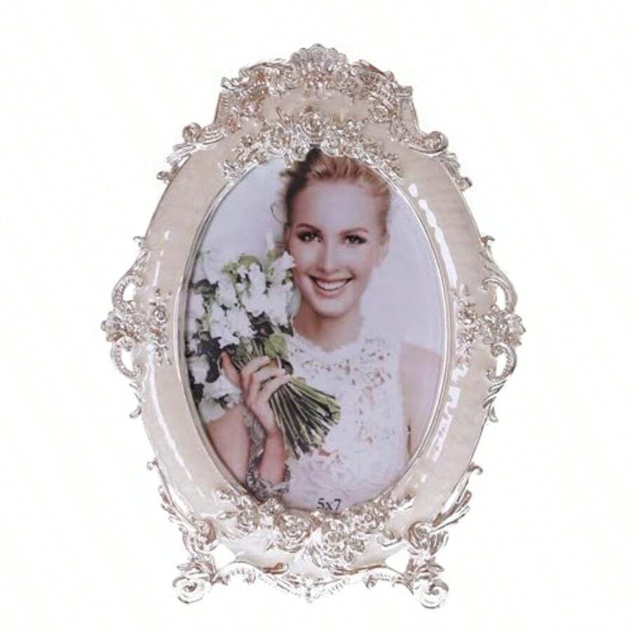 KawaiiStory BMxy0075 Cream White Silver Metal Picture Frame Photo Frame Antique Baroque Luxury Design Roses Decoration Photo Size 13 X 18 Cm 5 X 7 Inches