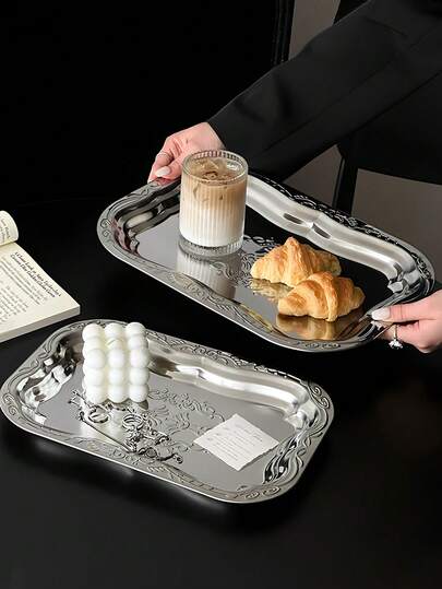 מגש נירוסטה וינטג' 1pc, צלחת עוגה באיכות גבוהה עם תבליט צרפתי, צלחת אחסון ביתית לשולחן