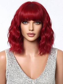 Topshe 14 Inch Red Medium-Long Wavy Curly Wig, Elegant Women's Halloween Accessory, Halloween Decoration, Heat-Resistant Synthetic Wig, Suitable For Daily Cosplay, Holiday Celebration Wear, Halloween Cosplay Gift, Gift For Friends - Red - View 3