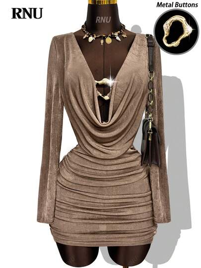 RNU Vestido corto de manga larga con cuello halter drapeado, botones metálicos, recortes calados, base elástica brillante, silueta ceñida, para uso casual, de oficina, de fiesta, de noche, de calle, de vacaciones, de citas, primavera, verano, otoño, invierno