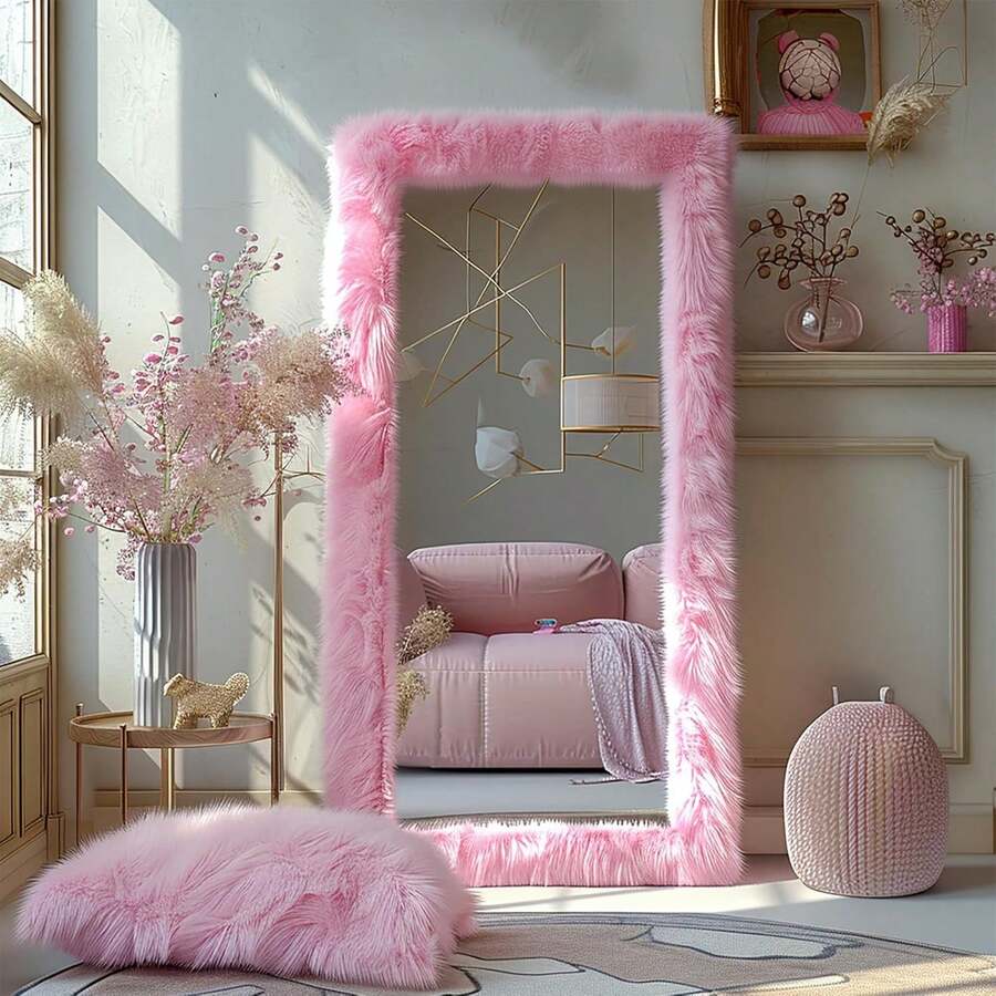 Full Length Mirror Free Standing Furry Faux Fur Framed Full Body Floor Mirror Wall Mounted Leaning Hanging Wall For Bedroom Hallway Entrance, 63"X24", Pink,24331417,Selfie Mirror, Apartment Friendly - 玫紅色 - 查看 1