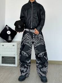 1pc American Street Style Printed Men's Wide Leg Jeans, Comfortable Loose Fit Denim Pants (Product Does Not Include Belt And Accessories) - Black - View 3