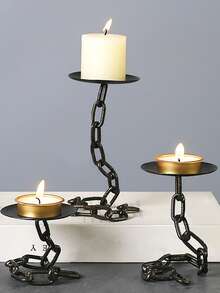 1pc Vintage Industrial Metal Candle Holders, Gothic Medieval Chain Link Candlesticks, Tabletop Lacquered Finish, Black Wrought Iron For Party Centerpiece, Holiday Decor,Room Decor,Gifts
