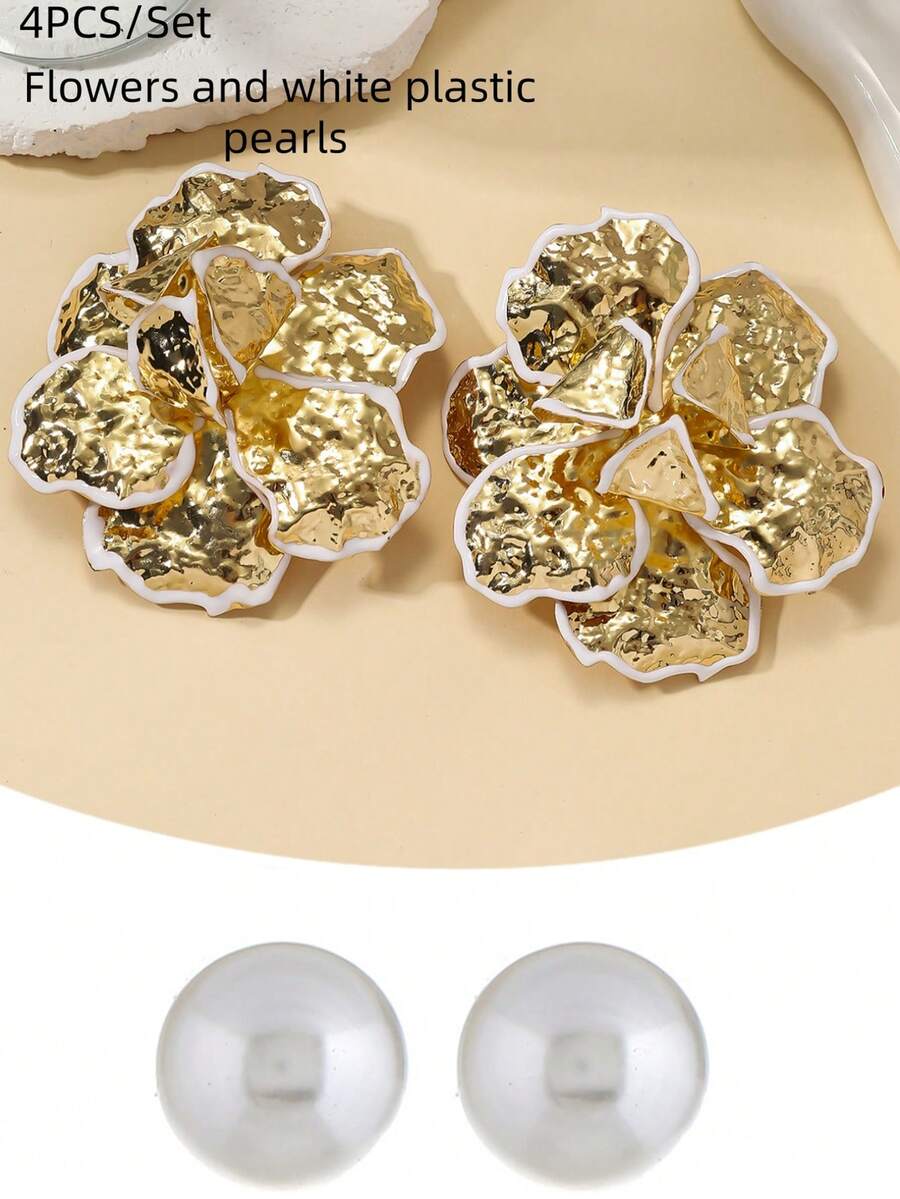 Golden Color Enameled Big Flower Floral Statement Earring For Women