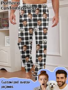 Pantalones de pijama personalizados para hombres con foto de retrato grande única, reemplazo de rostro de pareja, ambiente festivo - Blanco y Negro - Ver 1