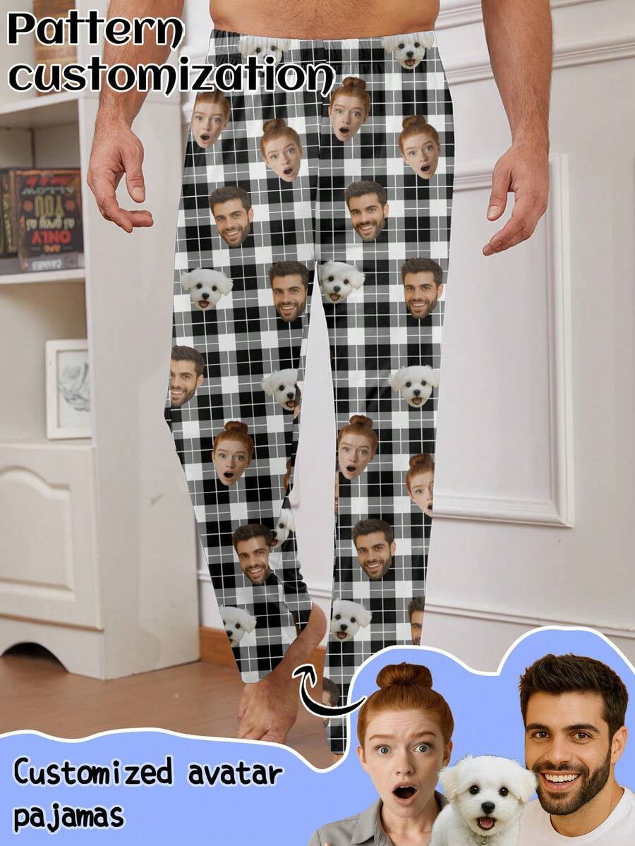 Pantalones de pijama personalizados para hombres con foto de retrato grande única, reemplazo de rostro de pareja, ambiente festivo - Blanco y Negro - Ver 1